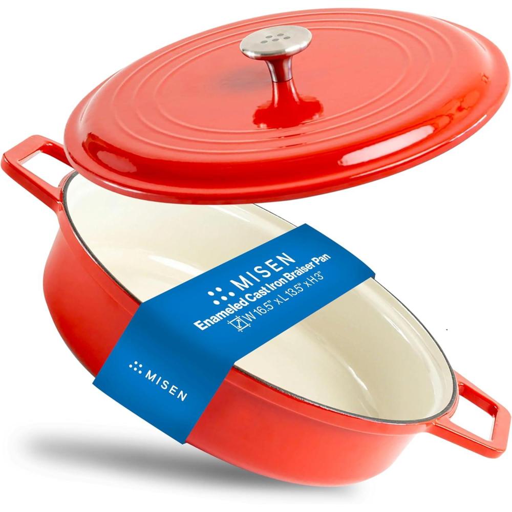 imageMisen 55 QT Braiser  Enameled Cast Iron Pan for Searing Braising ampamp Slow Cooking  NoChip Enamel Coating  ExtraWide Handles  Superior Heat Retention ampamp Even Cooking  GrayRed