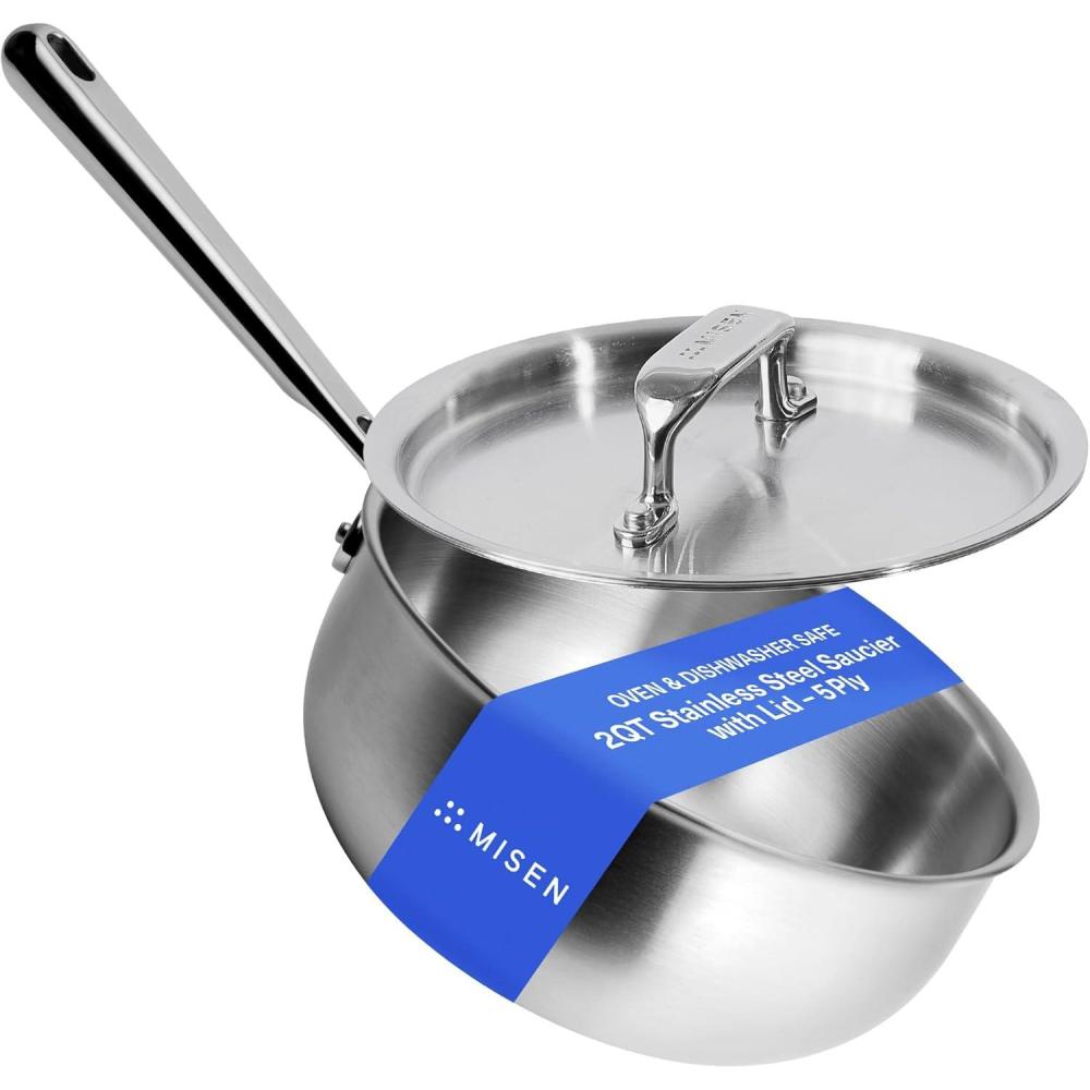 imageMisen 5Ply Stainless Steel Saucier with Lid InductionCompatible Pan with Curved Sides for Smooth Stirring  Oven Safe to 800F  Even Heat Distribution ampamp Ergonomic Handle  15 QT2 Quarts
