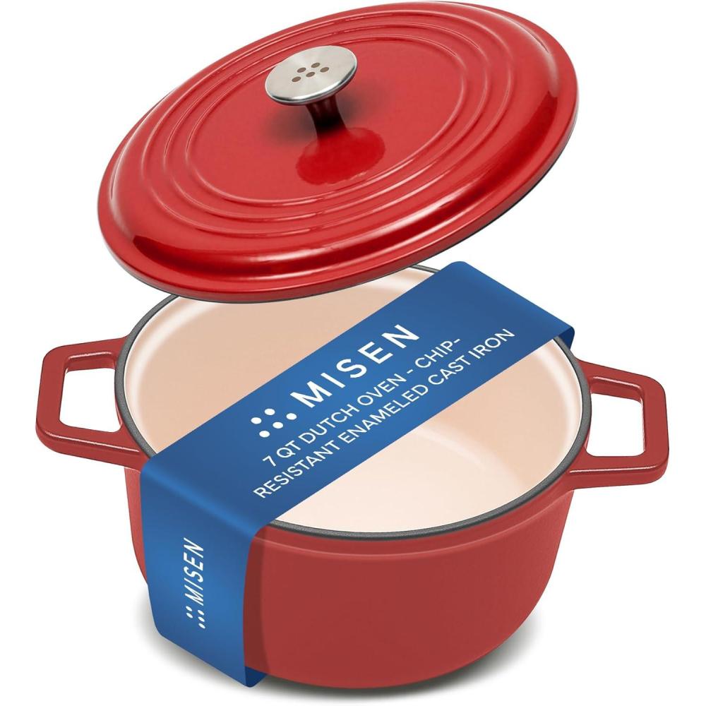 imageMisen 7 QT Enameled Cast Iron Dutch Oven  ChipResistant Enamel Coating  Thick Iron Core For Heat Retention  Large Cooking Surface  Oven Safe Induction Compatible  Traditional Lid BlackRed