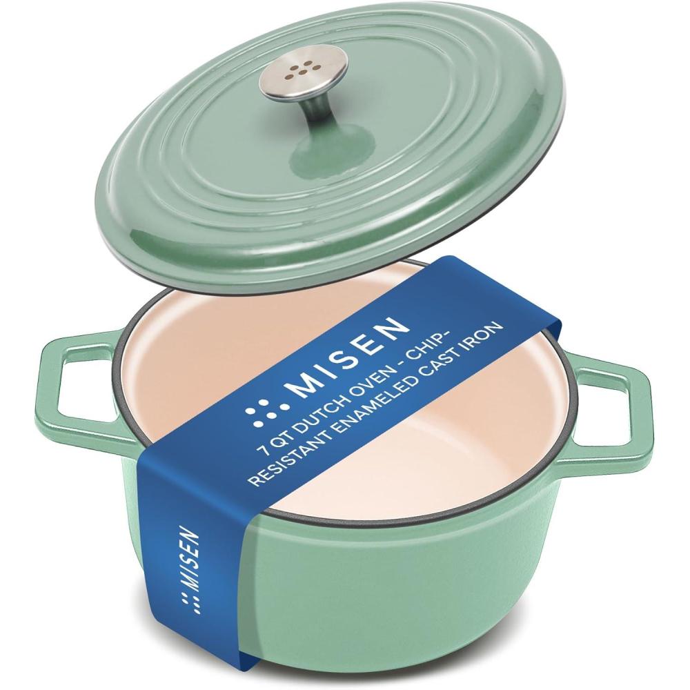 imageMisen 7 QT Enameled Cast Iron Dutch Oven  ChipResistant Enamel Coating  Thick Iron Core For Heat Retention  Large Cooking Surface  Oven Safe Induction Compatible  Traditional Lid BlackGreen