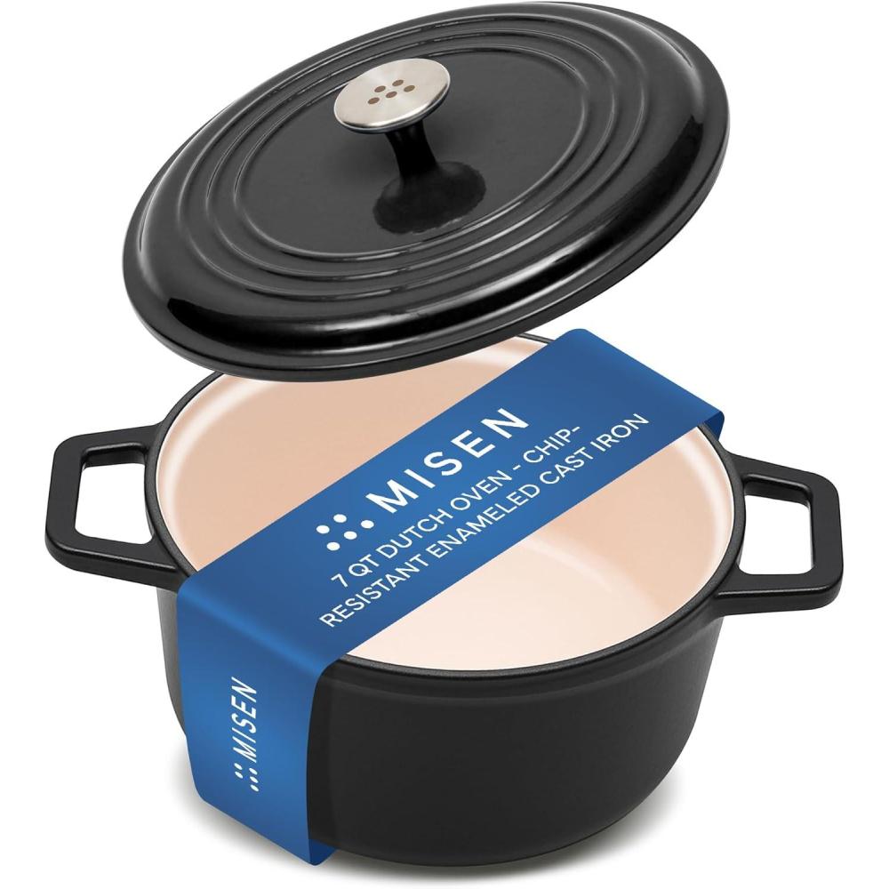 imageMisen 7 QT Enameled Cast Iron Dutch Oven  ChipResistant Enamel Coating  Thick Iron Core For Heat Retention  Large Cooking Surface  Oven Safe Induction Compatible  Traditional Lid BlackBlack