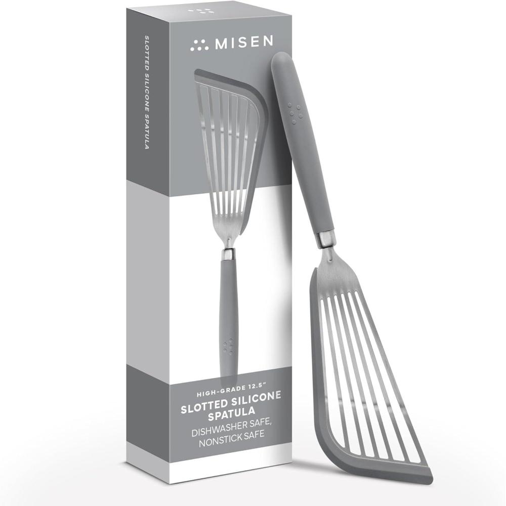 imageMisen Fish Stainless Steel Spatula  Slotted Turner for Cooking  Perfect for Frying  Heat Resistant  Dishwasher Safe 1mm Thick Flexible Flipper  Soft Silicone Grip Handle for Easy UseGray