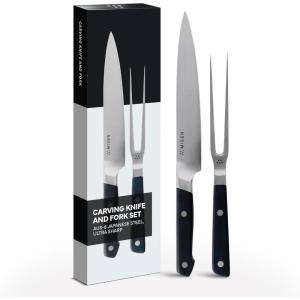 Misen 2-Piece Carving Knife and Fork Set – Precision Cutting with High-Carbon Japanese AUS10 Steel – Essential for Roasts, Turkey, and Meat – Ergonomic Design for Perfect Slicing and Serving – Black(Black)