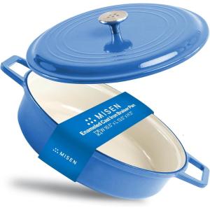 Misen 5.5 QT Braiser – Enameled Cast Iron Pan for Searing, Braising & Slow Cooking – No-Chip Enamel Coating – Extra-Wide Handles – Superior Heat Retention & Even Cooking – Gray(Blue)