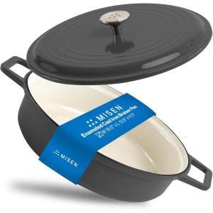 Misen 5.5 QT Braiser – Enameled Cast Iron Pan for Searing, Braising & Slow Cooking – No-Chip Enamel Coating – Extra-Wide Handles – Superior Heat Retention & Even Cooking – Gray(Black)