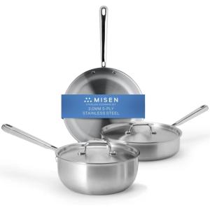 Misen 5-Ply Stainless Steel Cookware Set – Versatile, Dishwasher Safe – 5-Piece Set – 10″ Skillet, 3 QT Saute Pan + Lid, 3 QT Saucier + Lid(5 Piece)