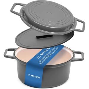 Misen 7 QT Enameled Cast Iron Dutch Oven – Chip-Resistant Enamel Coating – Thick Iron Core For Heat Retention – Large Cooking Surface – Oven Safe, Induction Compatible – Grill and Silicone Lid, Green(Gray)