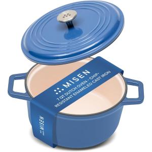 Misen 7 QT Enameled Cast Iron Dutch Oven – Chip-Resistant Enamel Coating – Thick Iron Core For Heat Retention – Large Cooking Surface – Oven Safe, Induction Compatible – Traditional Lid, Black(Blue)