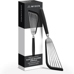 Misen Fish Stainless Steel Spatula – Slotted Turner for Cooking – Perfect for Frying – Heat Resistant – Dishwasher Safe -1mm Thick Flexible Flipper – Soft Silicone Grip Handle for Easy Use(Black)