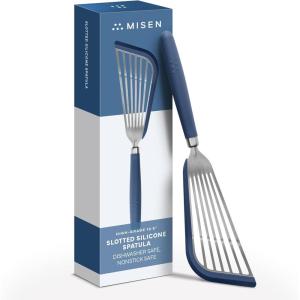 Misen Fish Stainless Steel Spatula – Slotted Turner for Cooking – Perfect for Frying – Heat Resistant – Dishwasher Safe -1mm Thick Flexible Flipper – Soft Silicone Grip Handle for Easy Use(Blue)