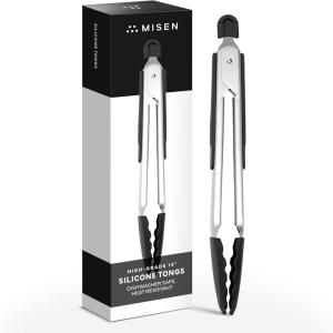 Misen Kitchen Tongs – Dishwasher Safe, Heavy Duty – Precision Silicone-Tipped Grilling Tool – Heat Resistant, Nonstick Safe – Perfect for Serving and Air Frying- 13 Inch | Black(Black)
