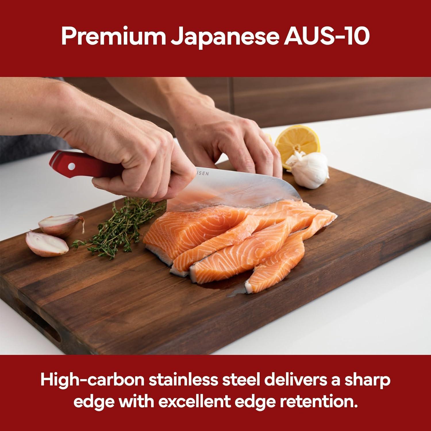 imageMisen 75 Santoku Knife High Carbon Stainless Steel Classic Japanese Chef Knife Design for Cutting Slicing and Chopping Razor Sharp Japanese Style Kitchen Knife GreenRed