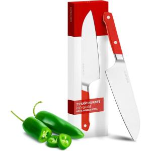 Misen 7.5″ Santoku Knife – High Carbon Stainless Steel – Classic Japanese Chef Knife Design for Cutting, Slicing, and Chopping – Razor Sharp Japanese Style Kitchen Knife – Green(Red)
